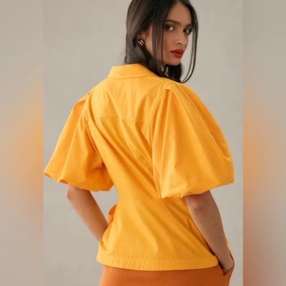 Anthropologie Longline Wrap Blouse Orange Yellow with Puff Sleeves - Picture 2 of 4